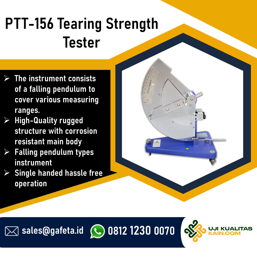 Jual Tearing Strength Tester PTT-156 | Alat Uji Sobek Kain & Plastik